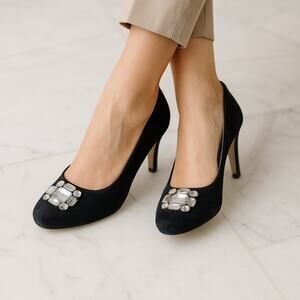 2/$30 Bandolino Flexible 9 Black Womens Beaded Faux Suede Slip On Stilettos Pump